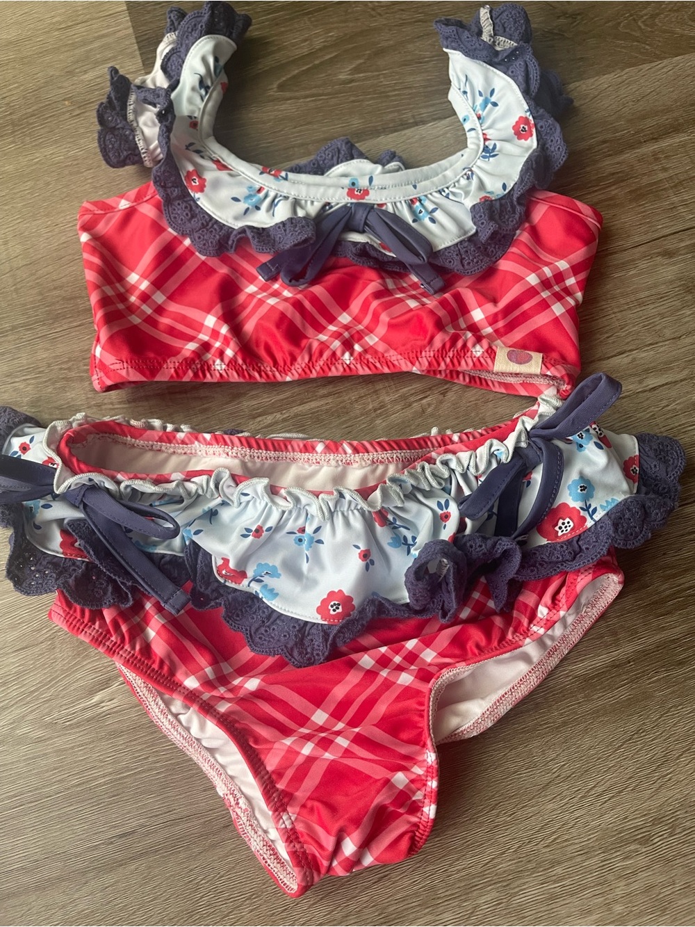 cheeky plum Girls Red Plaid & Floral Ruffle Bikini Set with Navy Trim